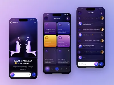 AI Smart Daily Assistant Mobile App ai assistant ai companion ai helper app design chatbot app daily planner everyday ai intelligent app language translator learning hub mobile app mobile app design mobile ui smart productivity smart scheduler task manager time management