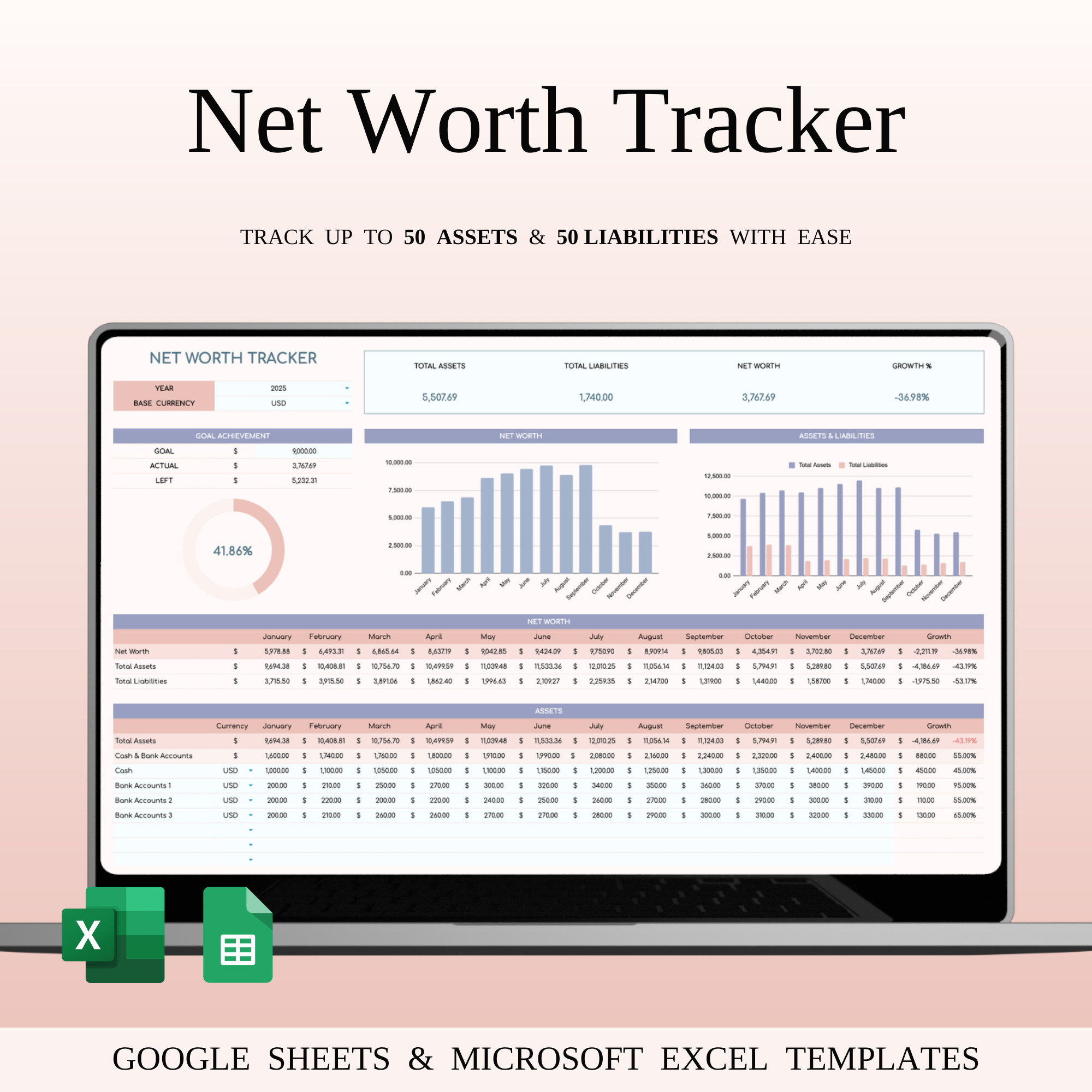 Net Worth Tracker Spreadsheet for Google Sheets and Excel asset tracking budget tracker budgeting tool debt tracker excel template finance organizer finance tracker financial goals financial planning google sheets template investment tracker liabilities tracker money management money planner net worth calculator net worth tracker personal finance savings tracker wealth management wealth tracker