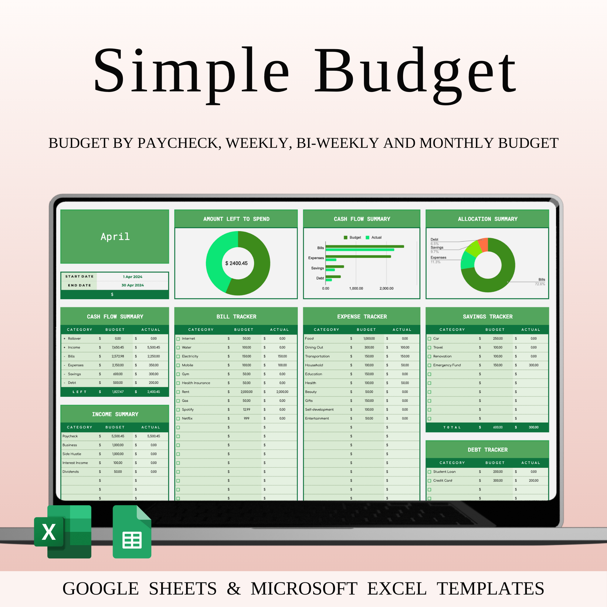 Simple Budget Planner, Personal Finance Tracker budget planner budget tracker budgeting budgeting tool cash flow tracker excel template expense tracker finance organizer finance tracker financial goals financial planning google sheets template green theme spreadsheet income tracker money management money planner monthly budget personal finance savings tracker spending tracker