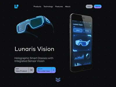 Futuristic Glasses Landing Page - Hero Exploration explore futuristic explore tech futuristic futuristic design header hero section high tech landing page neon glasses neon website tech tech design tech website web design