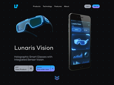 Futuristic Glasses Landing Page - Hero Exploration explore futuristic explore tech futuristic futuristic design header hero section high tech landing page neon glasses neon website tech tech design tech website web design