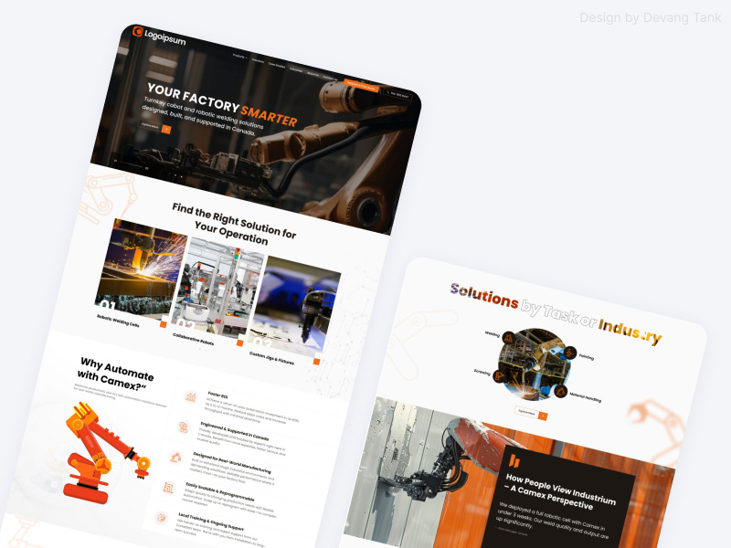 Industrial Robotics Website Design | Smart Factory & Automation automation company web design b2b web design inspiration clean modern web layout corporate web design creative website design devang dribbble ui designer india figma ui design html developer ui ux industrial automation ui industrial branding web industrial tech company manufacturing website concept modern industrial website ui responsive figma website robotics landing page smart factory ui ux design ui ux designer portfolio web design inspiration
