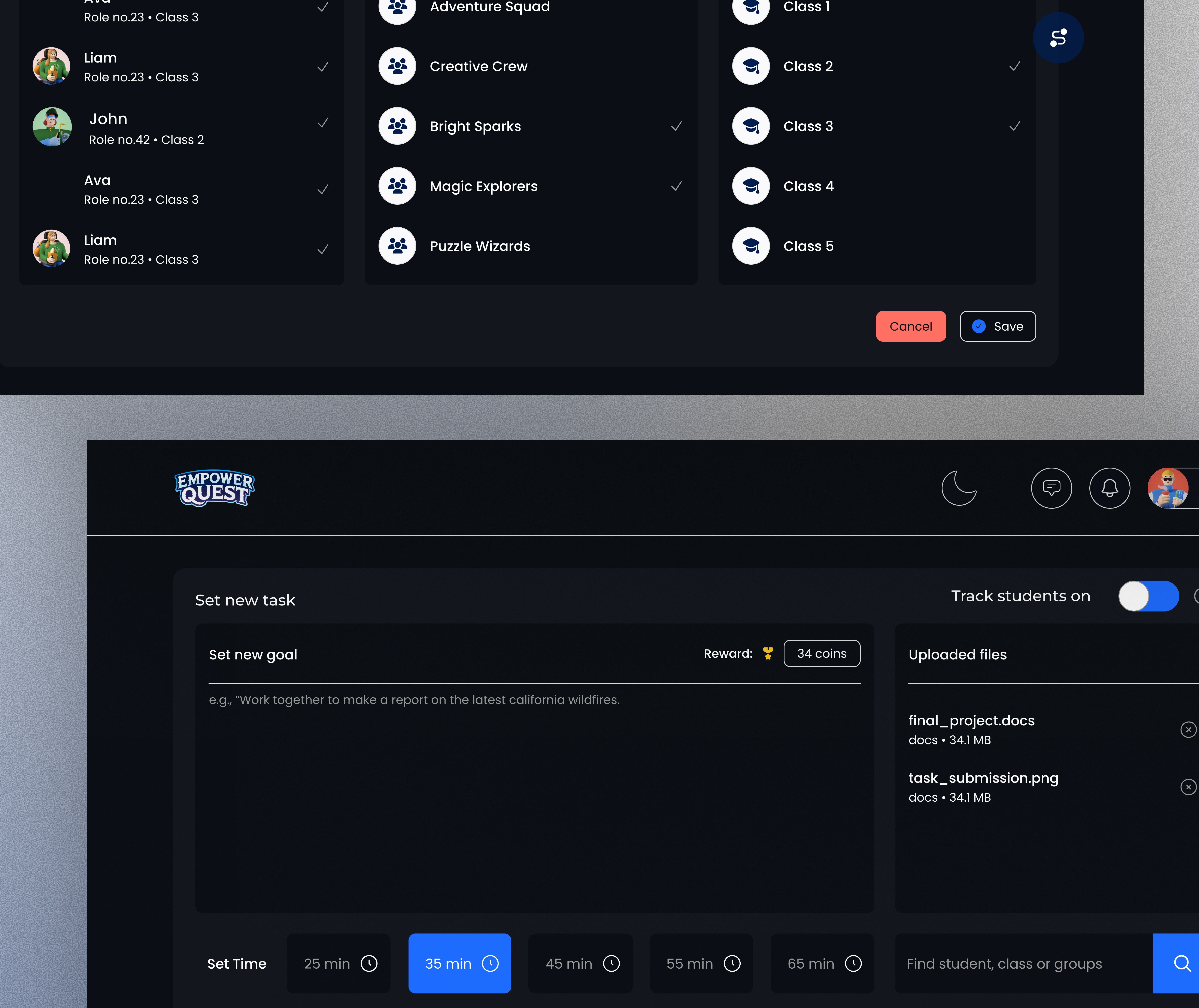Gamified Learning Dashboard — Empower Quest darkmodeui dashboarddesign design edtech educationplatform empowerquest gamifiedlearning illustration interfacedesign minimaldesign productdesign ryvenstudio studentmanagement uidesign uiuxdesign uxdesign uxinspiration webappdesign
