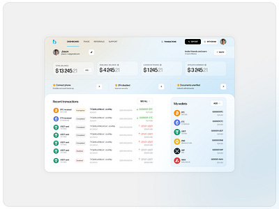 ⬆️ Crypto Wallet Dashboard UI - Light Theme affiliate earnings blockchain branding crypto dashboard cryptocurrency design digital assets financial technology light theme modern ui secure platform transaction history ui uiux user friendly interface. wallet management
