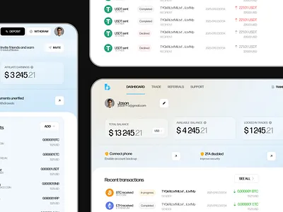 ⬆️ Crypto Wallet Management Dashboard affiliate earnings blockchain branding cryptocurrency dark theme deposit design digital assets financial dashboard light theme modern ui secure platform transaction history ui uiux wallet management withdrawal