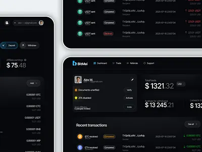 ⬆️ Crypto Portfolio & Transaction Tracker - Dark Mode affiliate earnings blockchain branding cryptocurrency dark theme deposit digital assets financial dashboard light theme modern ui secure platform transaction history ui uiux user friendly interface. wallet management withdrawal