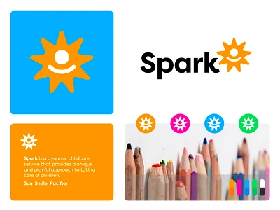 Spark - Childcare Service baby care child childcare children creative logo daycare fun human joy logo pacifier people positive shine smile spark spirit sun visual identity design