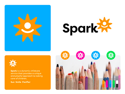 Spark - Childcare Service baby care child childcare children creative logo daycare fun human joy logo pacifier people positive shine smile spark spirit sun visual identity design