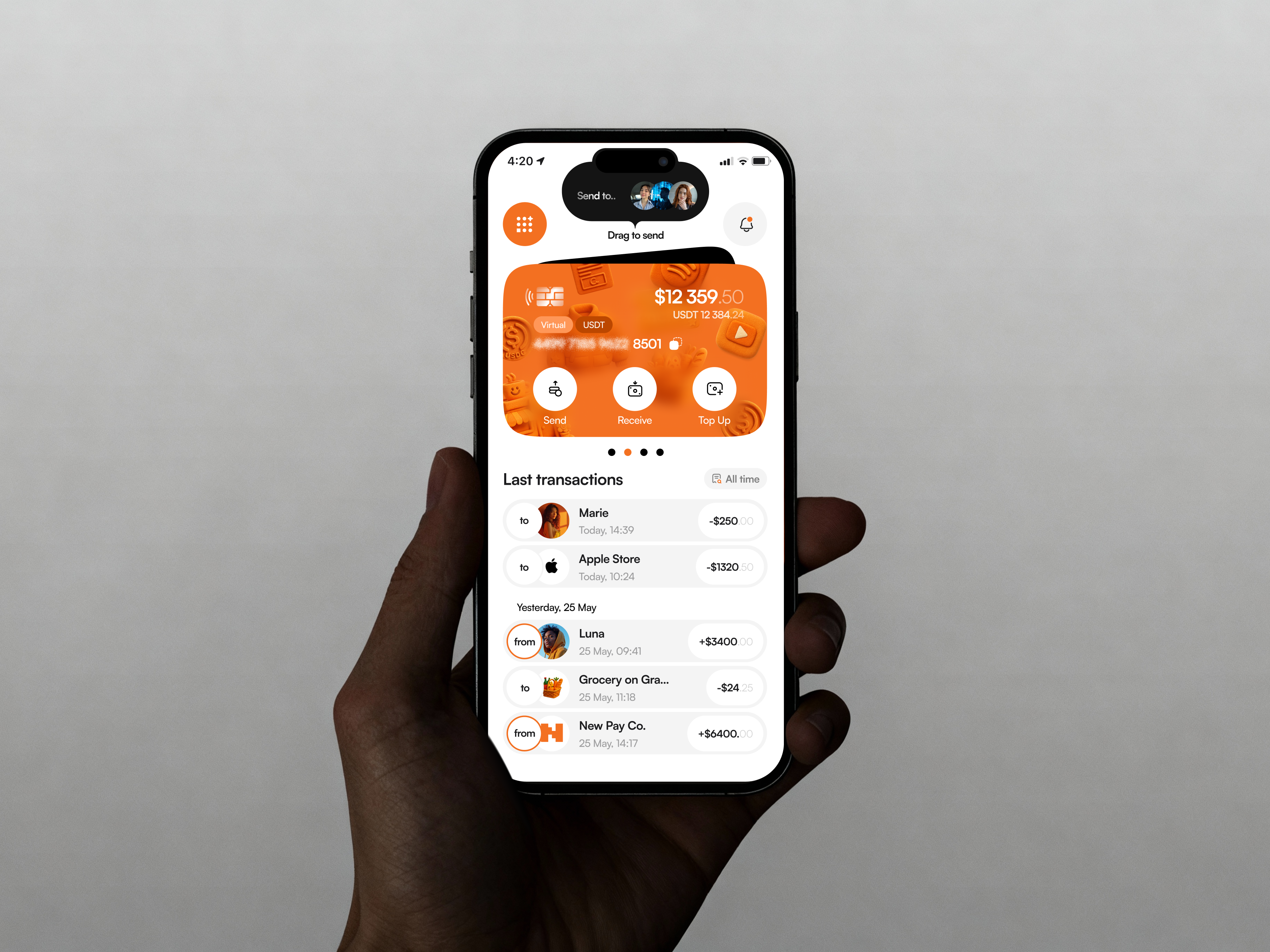 Crypto Money Send App UI app ui black orange card ui credit card app crypto card crypto money crypto ui debit card app finance app finance crypto finance ui fintech money app orange ui send crypto send flow send money transfer history