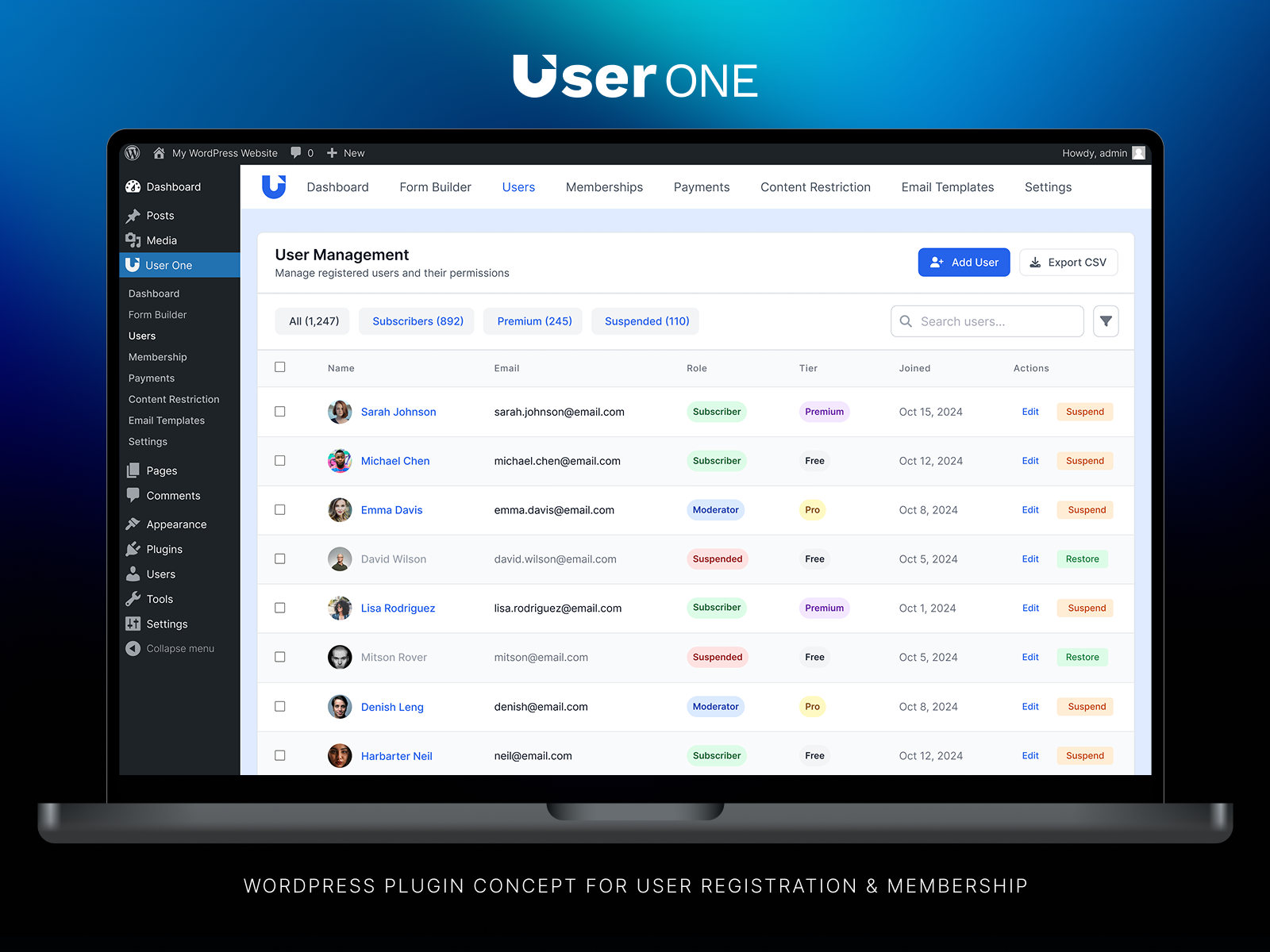 User ONE - WordPress Plugin UI User Management Concept adminpanel blueaesthetic cleanui dashboardui membershipplugin ui usermanagement userregistration wordpress wordpressplugin