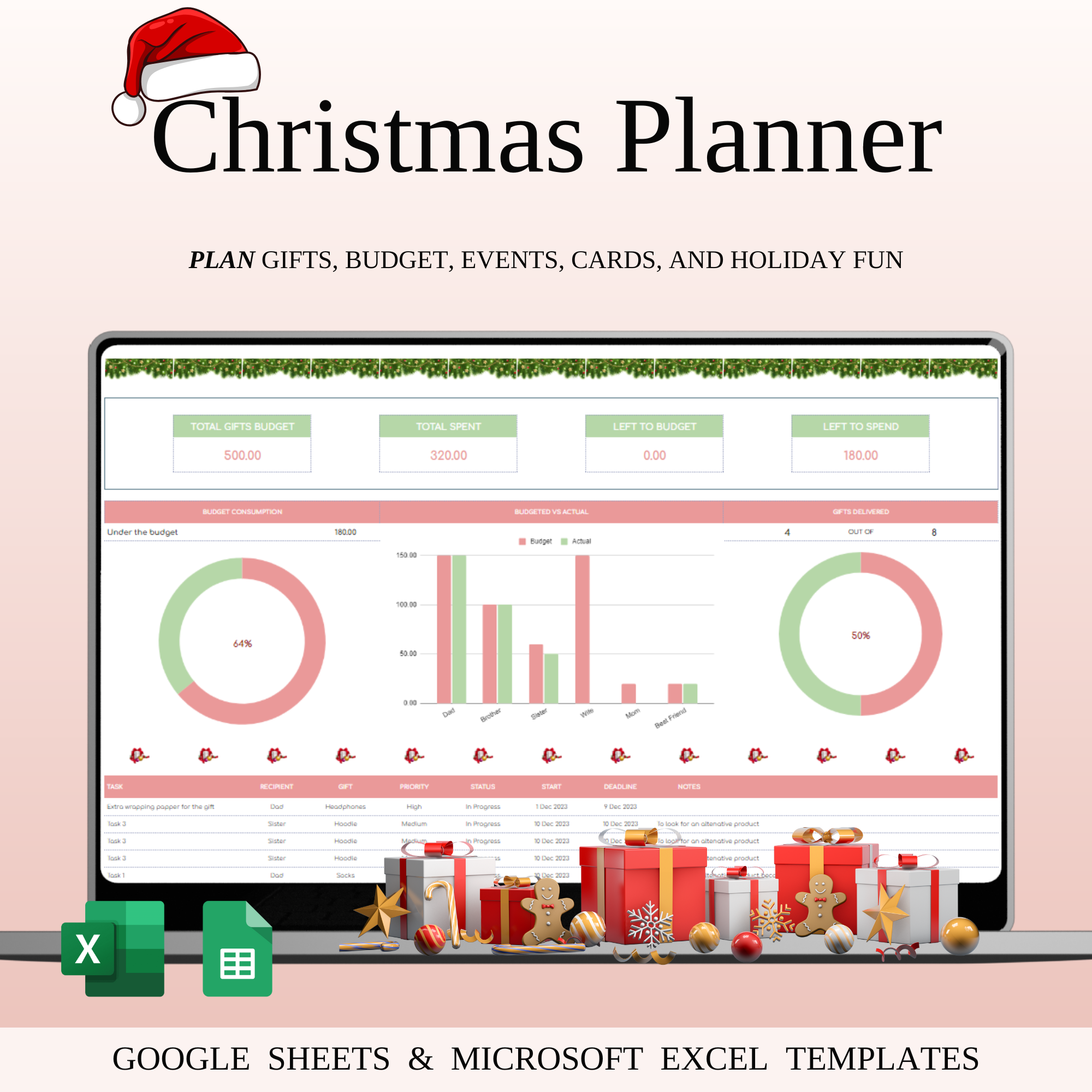 Christmas Planner Spreadsheet for Google Sheets & Excel budget spreadsheet christmas organizer christmas planner christmas planning christmas schedule christmas shopping list event planning excel planner family planner festive planning gift ideas tracker gift tracker google sheets template holiday budget holiday checklist holiday preparation meal planning party organizer seasonal planner to do list holiday