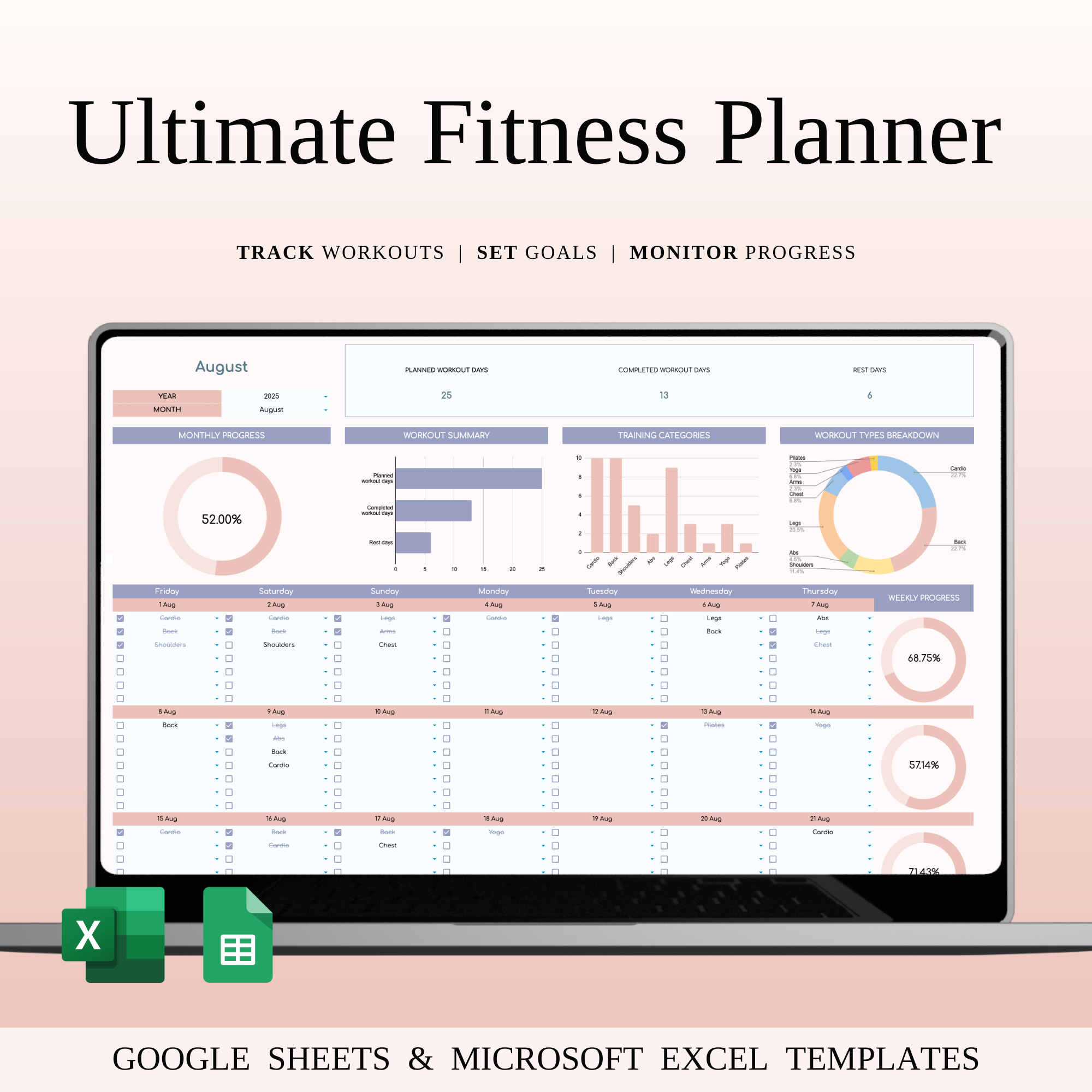Fitness Planner Template Spreadsheet for Google Sheets & Excel body measurements calorie tracker daily workouts excel fitness template exercise log fitness dashboard fitness goals fitness planner fitness progress fitness spreadsheet google sheets fitness gym log gym planner health planning health tracker training planner weight training tracker wellness tracker workout schedule workout tracker