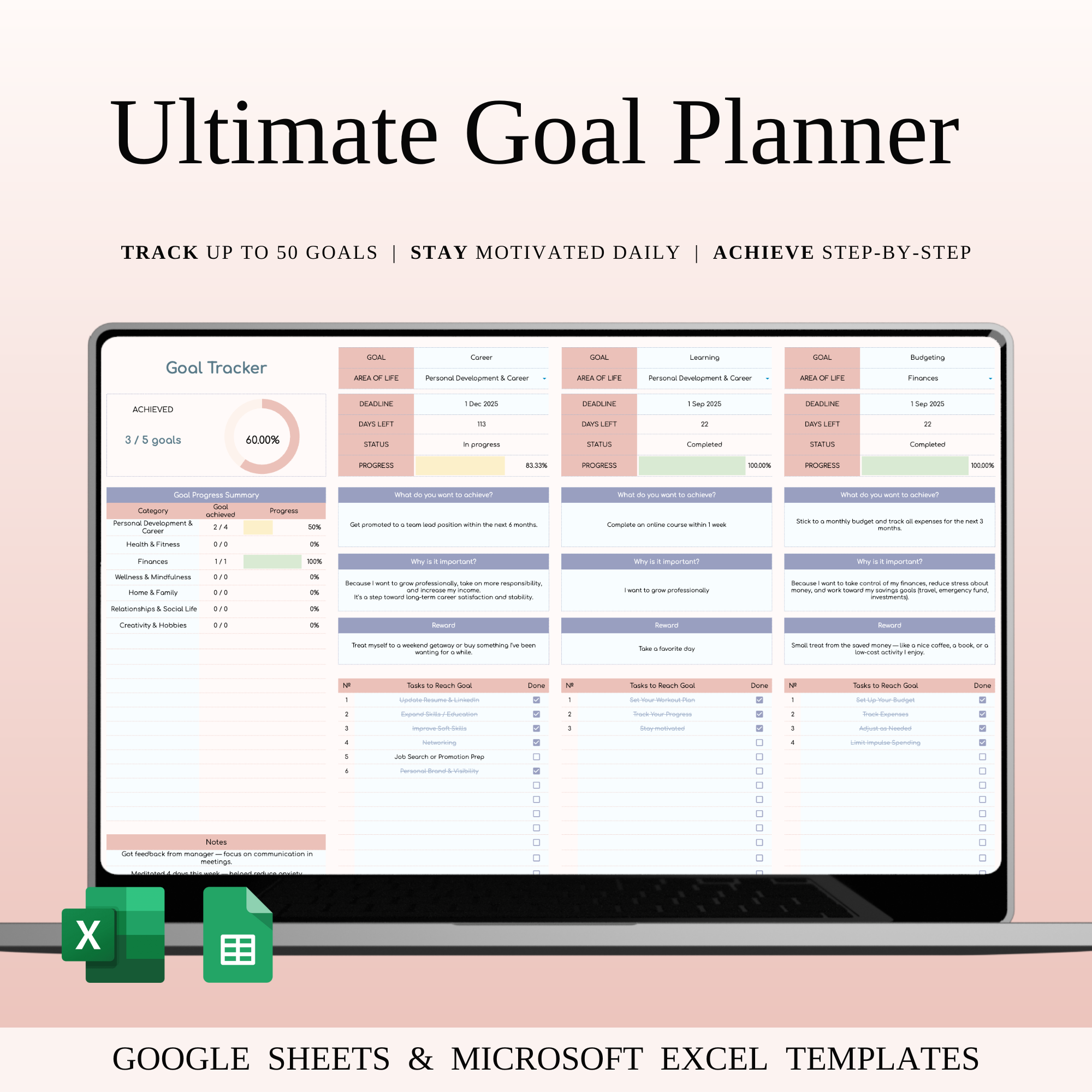 Goal Planner Template Spreadsheet for Google Sheets & Excel action plan excel goal tracker focus planner goal mapping goal planner goal setting template google sheets planner habit tracker life planner milestone tracker motivation planner personal growth planner planner spreadsheet productivity tracker progress tracker project goals self improvement success planner task organizer vision board spreadsheet