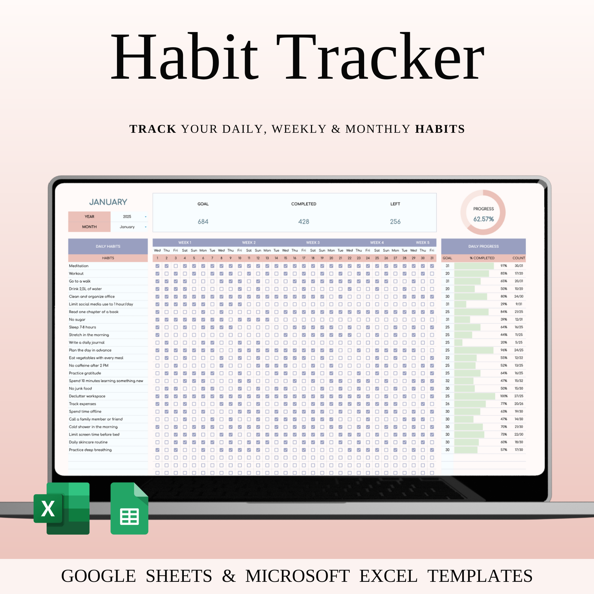 Habit Tracker Spreadsheet for Google Sheets & Excel behavior tracking consistency tracker daily routine planner discipline planner excel habit tracker goal tracker google sheets habit habit building habit log habit progress habit tracker lifestyle tracker motivation planner personal growth personal planner planner template productivity spreadsheet progress tracker routine tracker self improvement