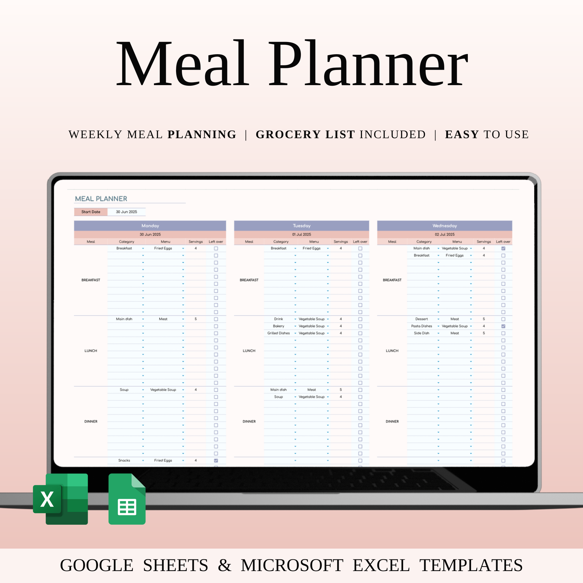 Meal Planner Template for Google Sheets & Excel calorie tracker cooking schedule diet spreadsheet diet tracker excel meal template family meal planner food budget spreadsheet food log food management grocery list grocery tracker healthy eating planner meal organization meal planner menu planner nutrition spreadsheet nutrition tracker recipe planner weekly meal prep weekly planner