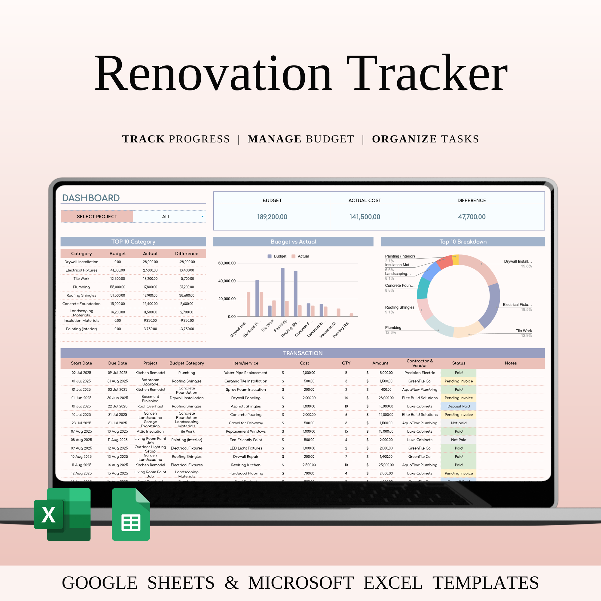 Renovation Tracker Spreadsheet Template for Google Sheets budget spreadsheet construction planner contractor management cost estimator excel project planner expenses tracker google sheets renovation home design tracker home improvement planner home planner house renovation project management spreadsheet project tracker property upgrade tracker remodel cost tracker remodeling budget renovation budget renovation dashboard renovation schedule renovation tracker