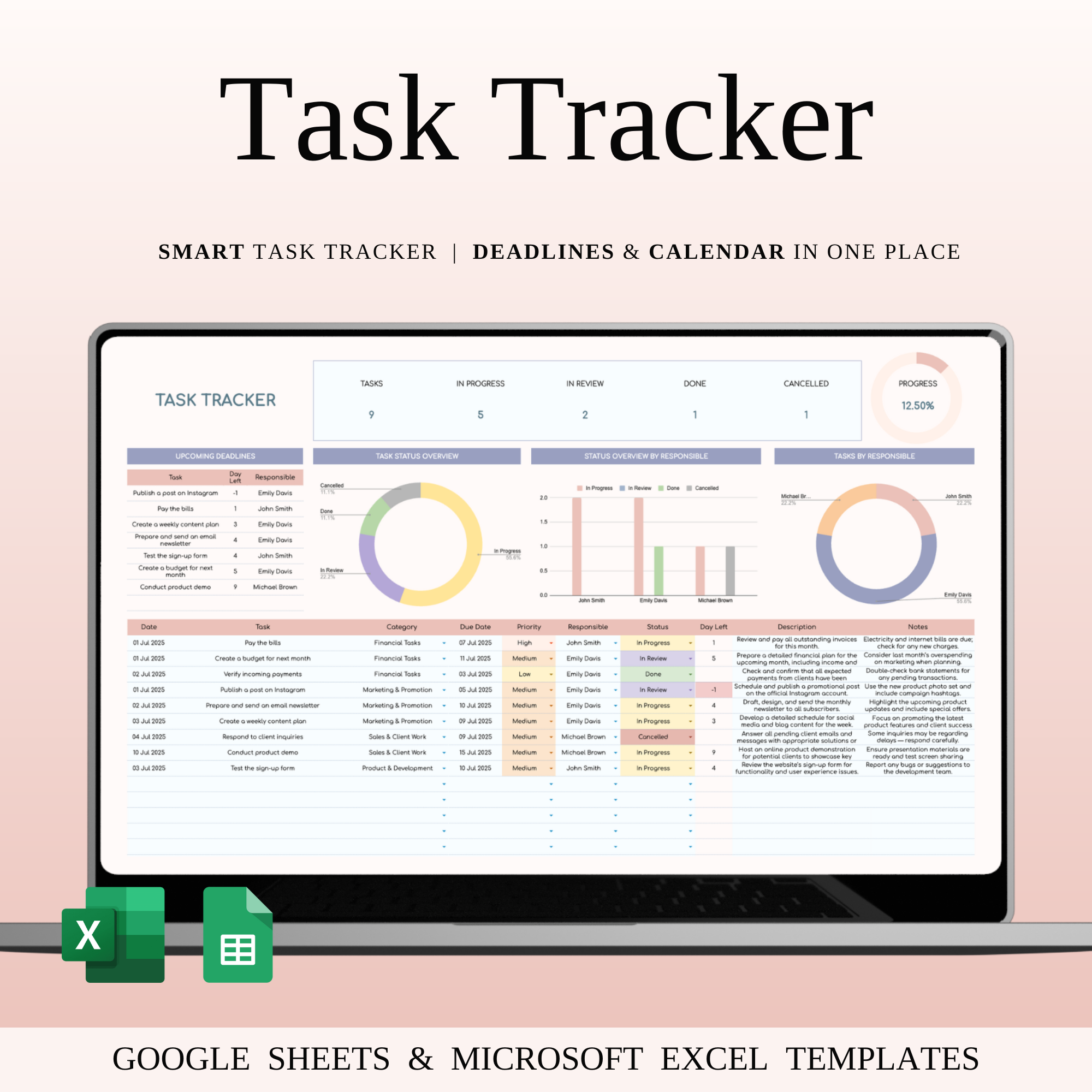 Task Tracker Template Spreadsheet for Google Sheets & Excel checklist template daily tasks excel task template goal tracker google sheets task tracker planner spreadsheet productivity planner progress tracker project management project planner task dashboard task list spreadsheet task monitoring task organization task tracker team management time management to do list work planner work tracker