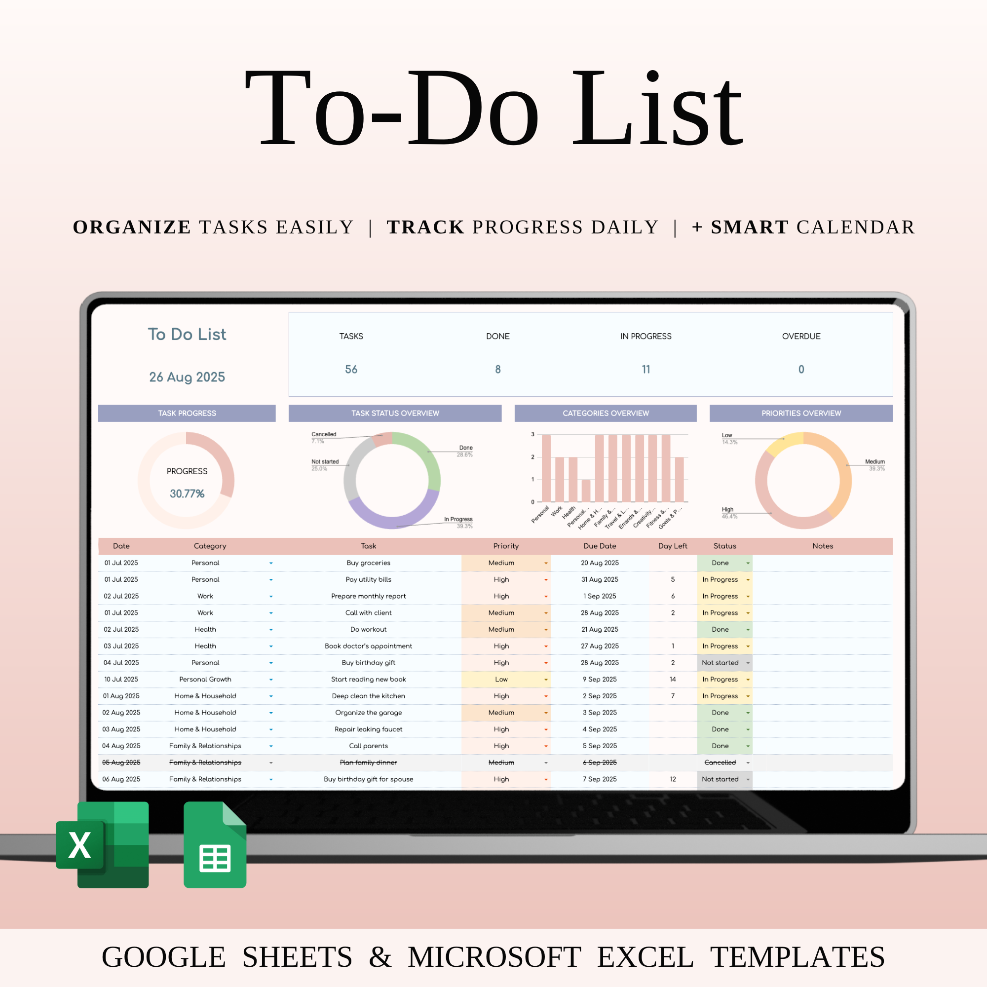 To-Do List Tracker Template for Google Sheets & Excel checklist spreadsheet daily checklist daily planner excel template focus planner goal setting google sheets planner organization template personal planner planner spreadsheet priority planner productivity tool project tracker routine planner schedule tracker task management task organizer time management to do list tracker work tracker