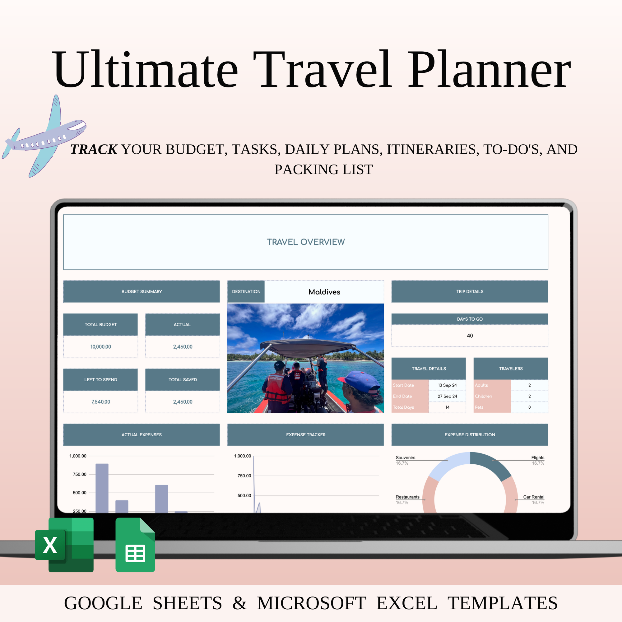 Travel Planner Spreadsheet Template for Google Sheets & Excel excel travel template google sheets travel holiday planner itinerary planner itinerary spreadsheet packing list road trip planner travel checklist travel dashboard travel expenses travel goals travel journal travel planner travel schedule trip budget spreadsheet trip expenses tracker trip management trip organizer vacation budget vacation planning