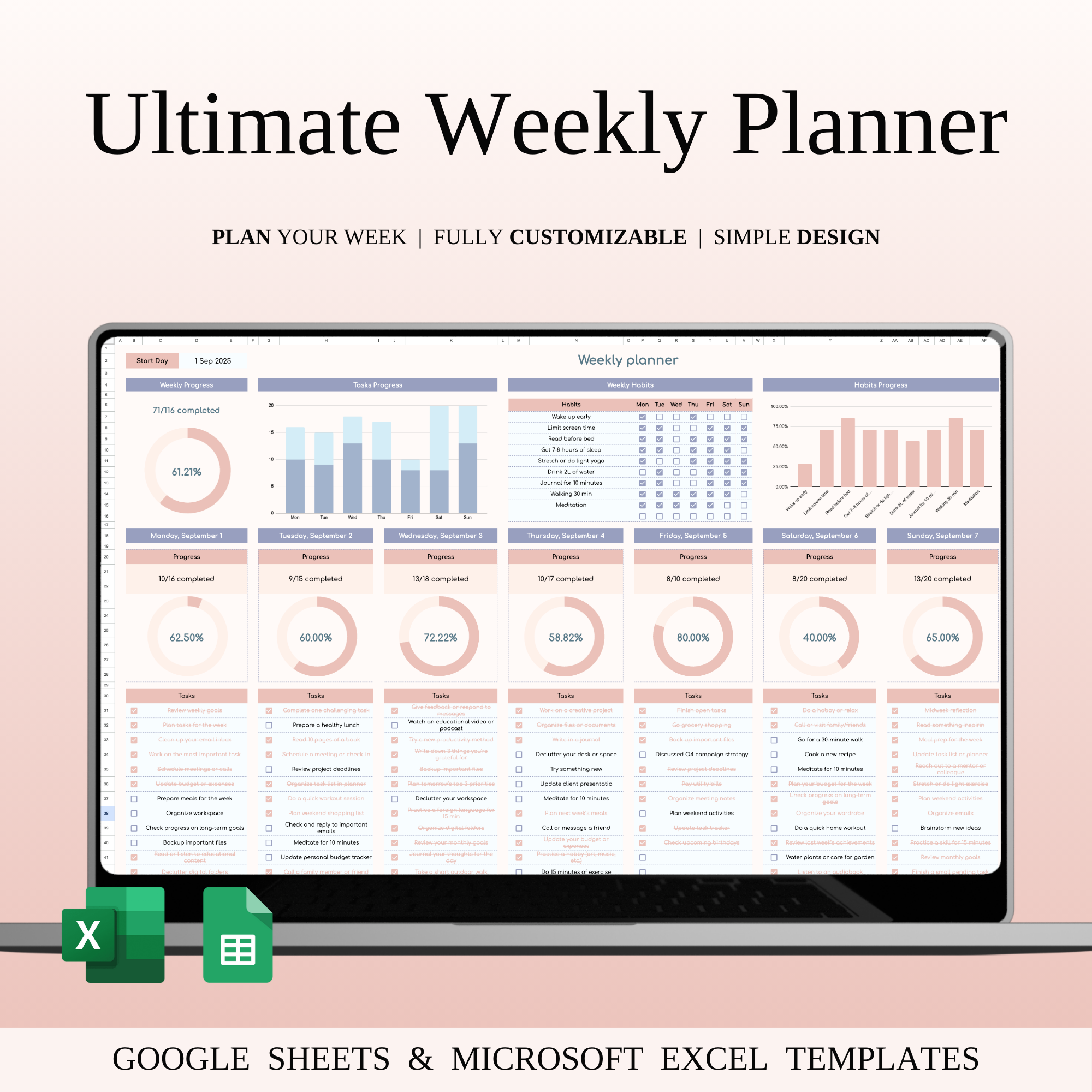 Weekly Planner Template for Google Sheets & Excel calendar planner daily planning excel template goal tracker google sheets planner organization tool personal planner planner spreadsheet productivity spreadsheet productivity tracker routine planner schedule organizer task planner task tracker time management to do list weekly goals weekly planner weekly schedule work schedule