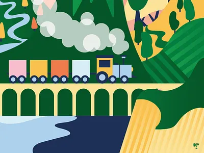 Whistle adobe illustration blue digital art green illustration kid illustration landscape landscape illustration train vector art yellow