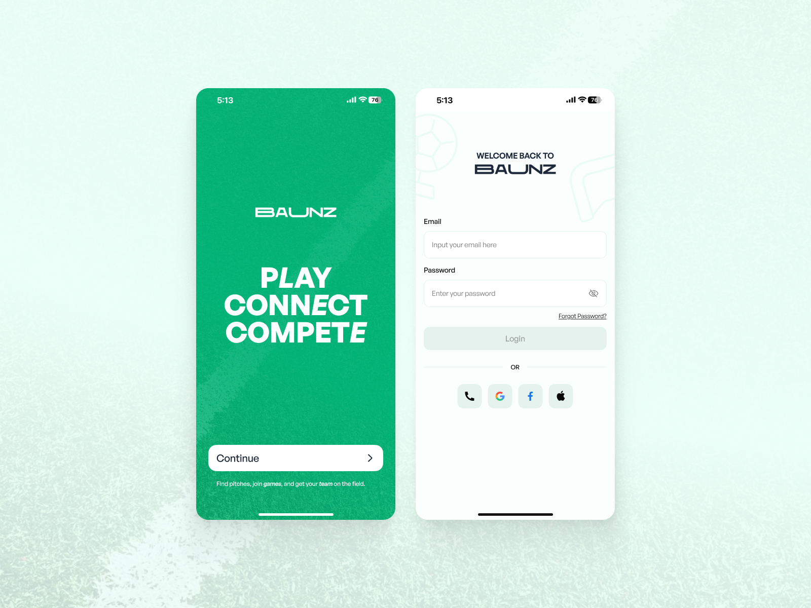 BAUNZ.IT — Explore, Book & Play Football Matches Effortlessly animation booking app creative design football login logo padel pitch ui