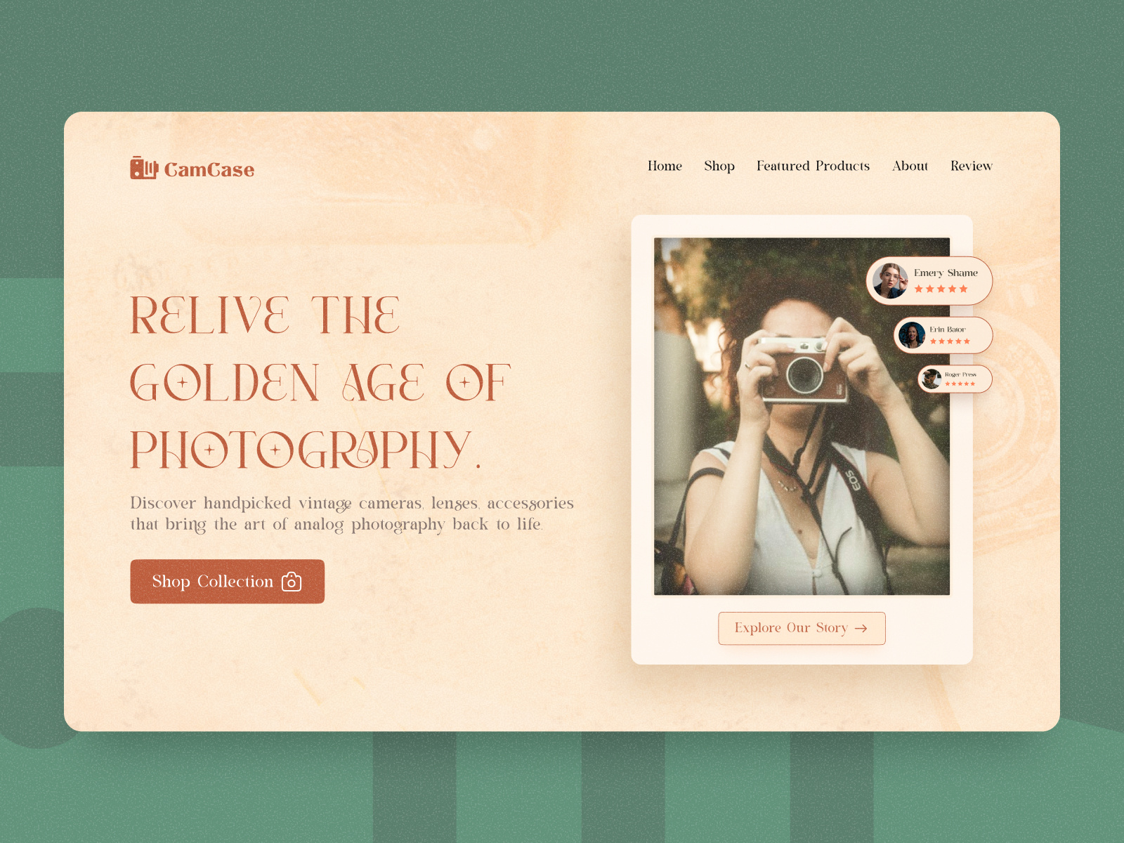 CamCase - Vintage Camera Shop Landing Page UI Design camera store ui camera website clean ui ecommerce landing page hero section design homepage landing page landing page design minimal nostalgic design photography shop retro aesthetic ui design vintage camera shop vintage landing page vintage photography vintage web design website design wordpress website