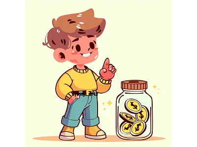 Cartoon Boy Pointing to Jar of Coins analyzing budget business calculation cost credit economy education finance financial growth invest investment knowledge management money planning seminar study wealth