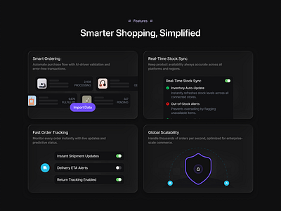 E-Commerce Dashboard: Smarter Shopping Automation ai bento bento illustration dark mode dashboard landing page product design saas saas landing page saas marketing saas web saas web design secure security tracking ui illustration uiux web app web design wjfnv