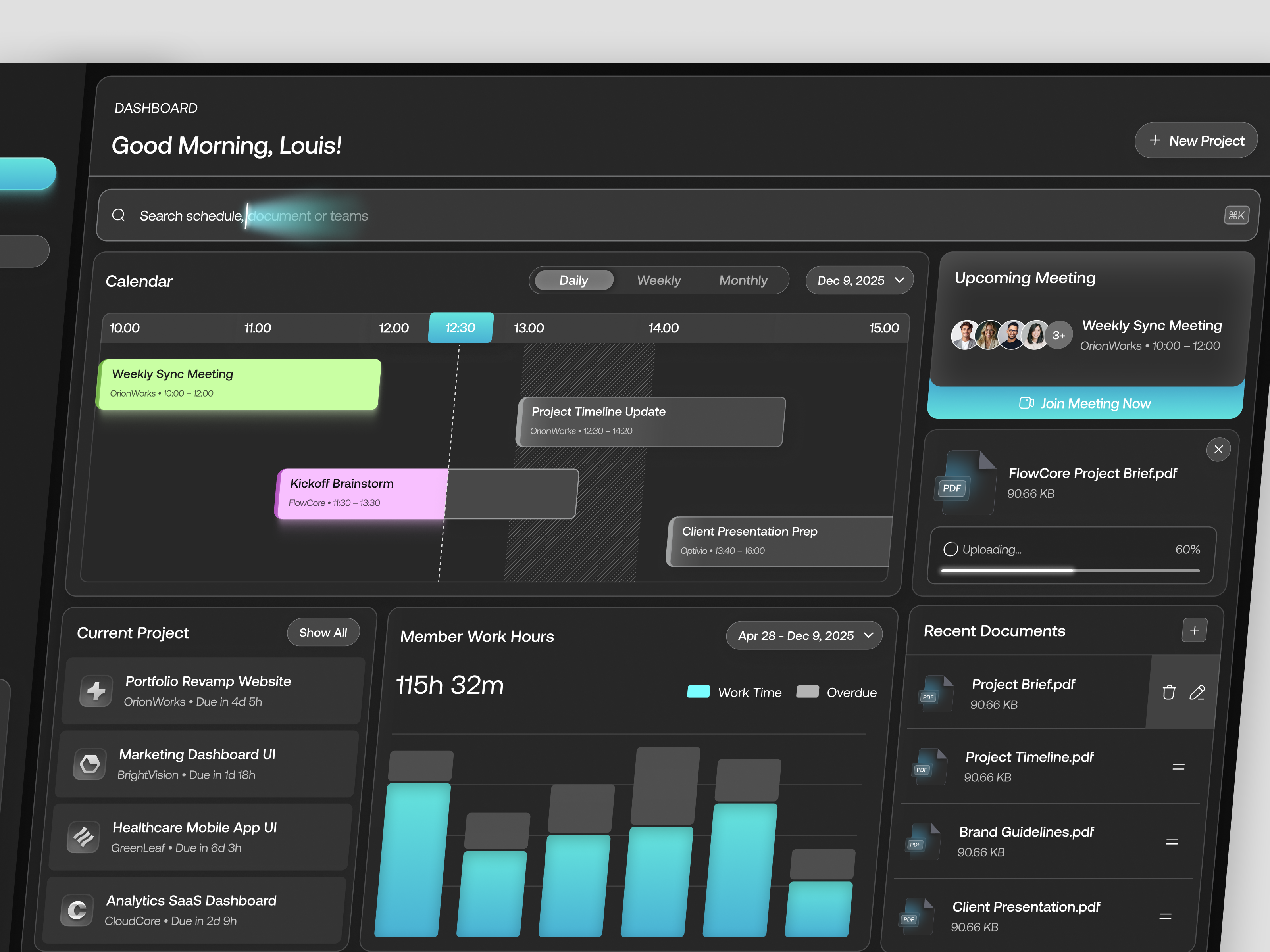 Chrono – Schedule & Project Dashboard calendarui carddetailing cardsui chronodashboard darkmodeui dashboard dashboarddesign meeting dashboard productdesign projectmanagement saas schedule dashboard schedulingapp task managment teamdashboard timelineui uidesign uxdesign webapp workhours