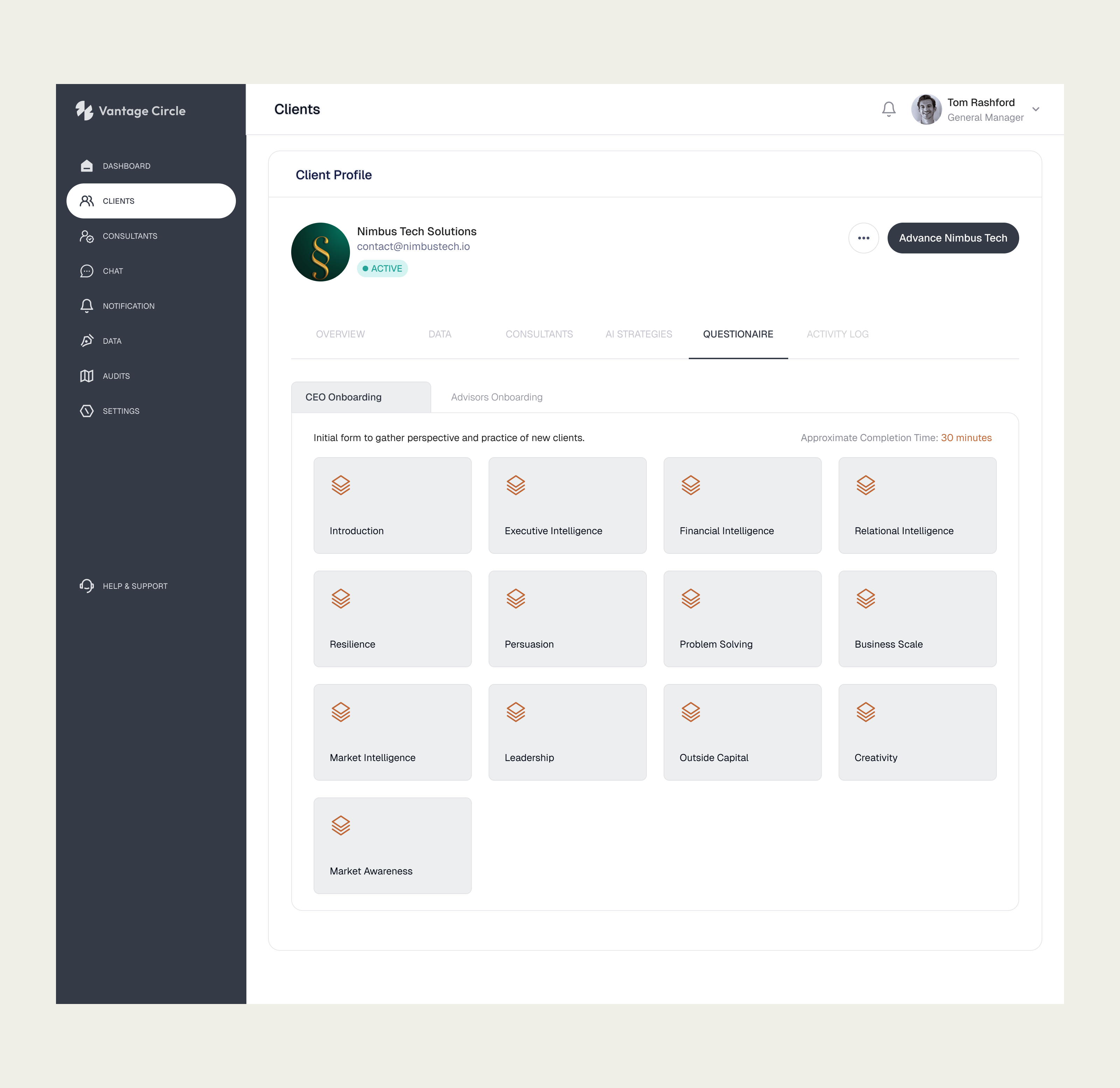 Clients' Page - Questionnaire Section ai business circle client dashboard designs desktop product design questionnaire small business ui ui design user experience user interface ux ux design vantage circle