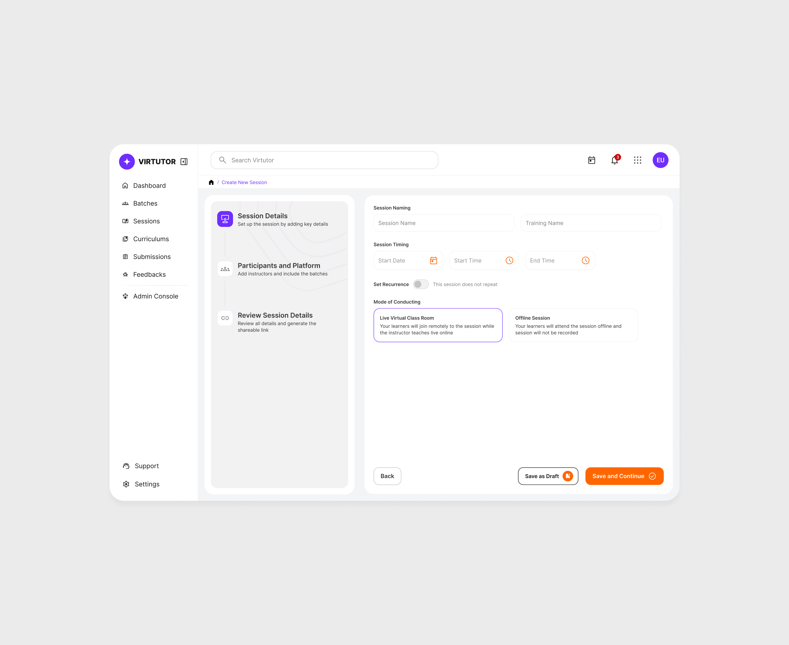 Virtutor - Session Creation design lxp saas ui ux uxdesign