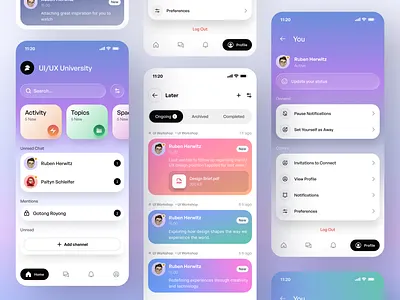 Collaboration Platform - Mobile App UI calm chat clean conversation dashboard glass glassmorphism gradient group messaging mobile relax stats typography ui ux