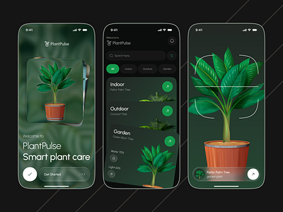 PlantPulse Smart Plant Care App app screens dark theme dashboard design digital gardening gardening app green aesthetic minimalist design mobile app ui modern ui nature app onboarding screen plant plant app plant care app plant health plant management product design smart plant care uiux design