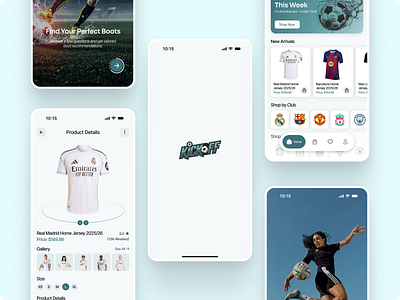 Soccer E-Commerce Mobile App – Team Jerseys & Boot Finder boot finder club kits design ecommerce app concept ios app ui jersey app mehbubur rahman minimal app mobile app mobile app design modern app modern uiux onboarding card product details page rating and reviews shop by club sports e commerce sports retail app team merchandise ui