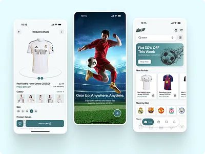 Soccer E-Commerce Mobile App – Team Jerseys & Boot Finder boot finder club kits design ecommerce app concept football jersey shop ios app ui jersey app mehbubur rahman minimal app mobile app design modern app modern uiux onboarding card product details page soccer store ui sports e commerce sports retail app team merchandise ui uiux