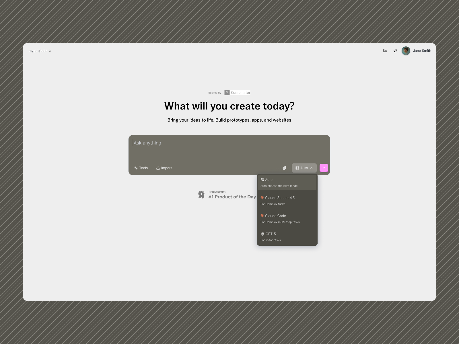 A minimal Ask AI homescreen ai app builder ask design system homescreen ui
