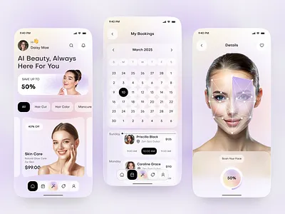 AI Beauty App — Smart Skincare & Salon Booking UI Design aesthetic ui ai assistant ai beauty app design beauty beauty app booking app facial recognition mobile mobile app pastel skin care app smart booking app ui design wellness app