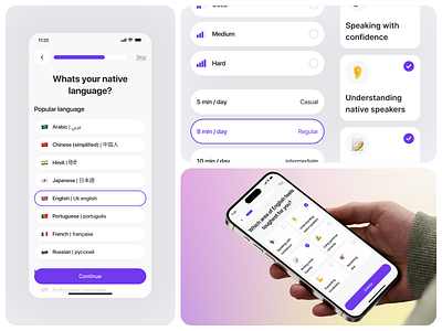 Fluen AI Language Learning app - Questionnaire ai ai assistant e learning education education app education platform edutech experience language learning lesson lms minimal mobile app poll progress questionaire quiz steps student
