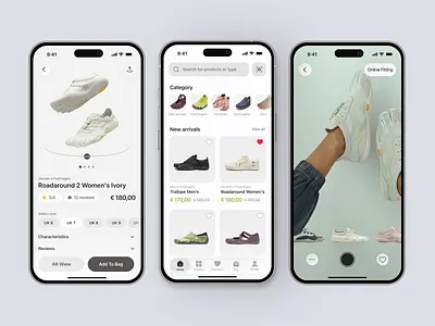 Vibram Motion – Footwear AR Shopping app ar fitting ar view catalog e commerce footwear mobile app product card shopping tab bar ui ux