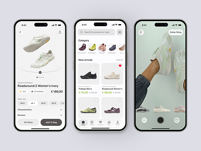 Vibram Motion – Footwear AR Shopping app ar fitting ar view catalog e commerce footwear mobile app product card shopping tab bar ui ux