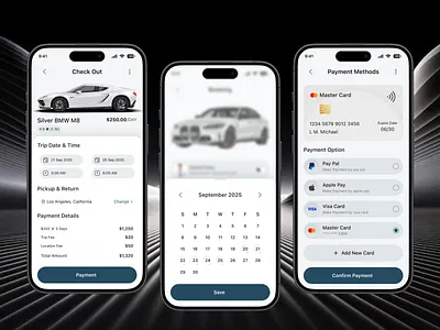 🚗 Car Rental App – Checkout & Payment Flow app design booking app car app car rental app checkout ui clean ui dailyui design inspiration digital product figma design interaction design minimal design mobile app mobile app design mobile ui modern ui payment ui ui design ux design ux ui