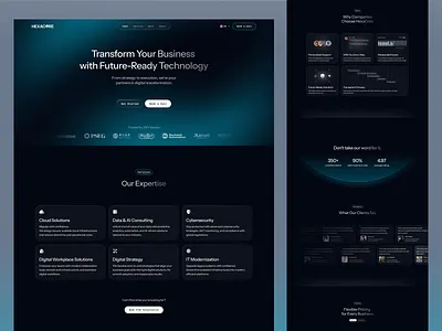 HEXACORE - IT Consulting Landing Page b2btech clean company profile corporate website dark mode dark mode landing page digital transformation figma it consulting landing page software company website software development tech comp tech design tech landing page tech ui tech website techinnovation ui web design