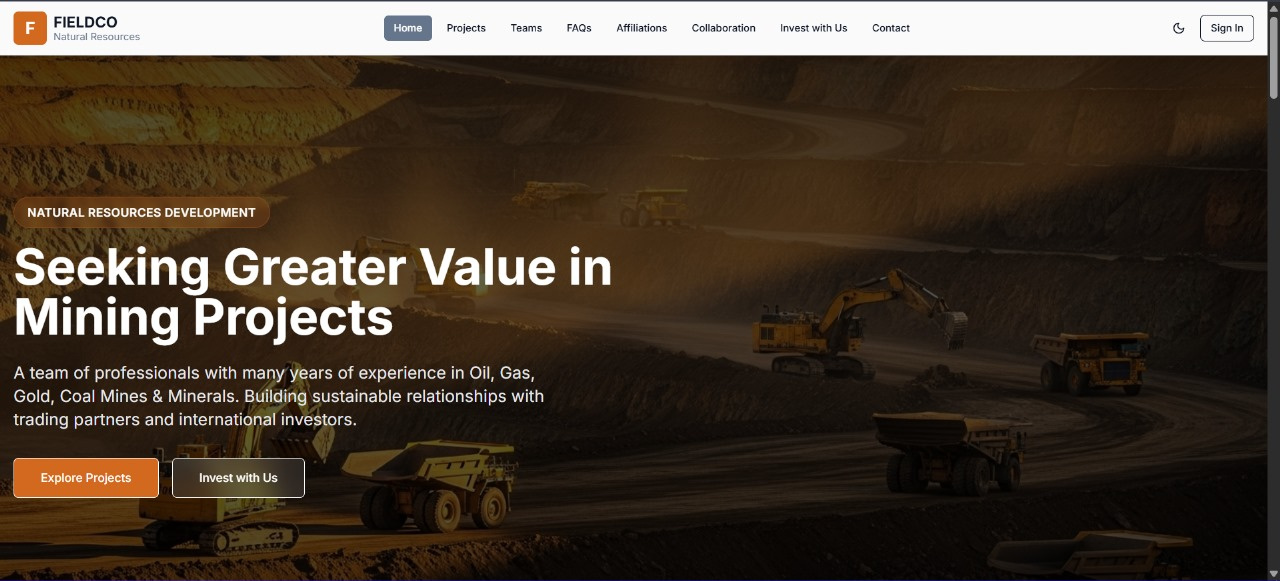 Fieldco Pvt Limited - Web Design Project 3danimations b2bwebsitedesign corporatewebsite darkmode fieldcopvtlimited gradienteffects islamabadwebsitedesign lightmode mines and minerals miningindustry miningwebsitedesign naturalresourcesdevelopment pakistanbusiness pakistanwebsitedesign responsivedesign togglemode uiuxdesign web design webdesign