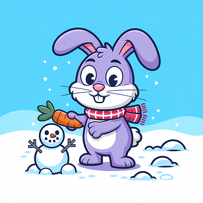 Cute Winter Bunny with Carrot and Snowman Mascot carrot cartoon character character character art cute bunny holiday theme illustration mascot purple rabbit seasonal art snowman vector illustration whimsical winter mascot