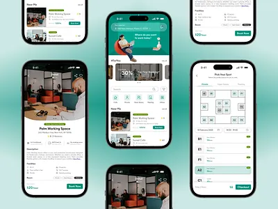 Coworking Space App co working cowork coworking coworking app coworking space coworking space app coworking space mobile detail detail mobile green design homepage mobile maps mobile app mobile design work space work space ui work space ui mobile working working space