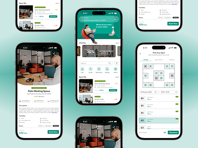 Coworking Space App co working cowork coworking coworking app coworking space coworking space app coworking space mobile detail detail mobile green design homepage mobile maps mobile app mobile design work space work space ui work space ui mobile working working space