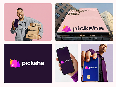 Visual Identity Design For Pickshe ai assistant ai logo branding branding agency cart colorful design ecommerce icon logo logo creator logo design modern logo purchase shopping bag shopping logo sparkle startup branding typography visual identity
