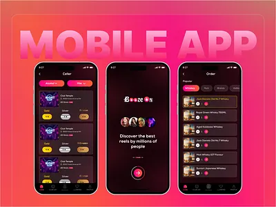 Booze On - Mobile app 3d animation app desgin boozeon branding creative app graphic design logo motion graphics pink theme ui
