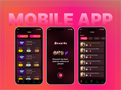 Booze On - Mobile app 3d animation app desgin boozeon branding creative app graphic design logo motion graphics pink theme ui